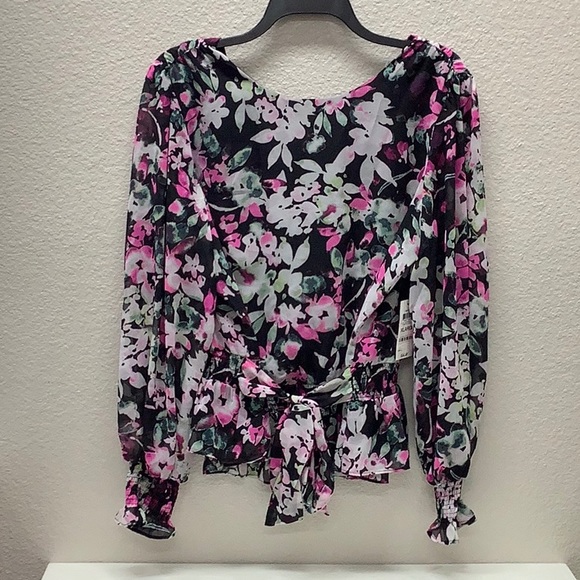 NWT Bar III Floral Smocked Long Sleeve Ruffle Blouse - Picture 5 of 6